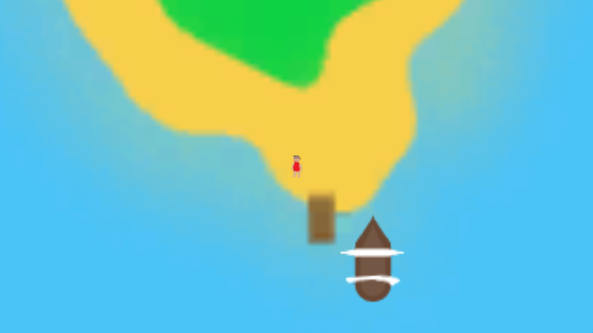 Original Water World. A top down view of a docked boat on a small island. A person in a red shirt is standing on the island.